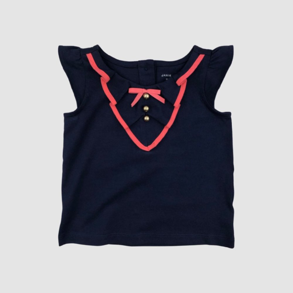 NWOT Janie and Jack | Blue Sleeveless Top w/Pink Ruffle Trim & Bow  12M